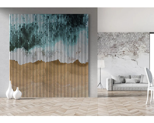 Intérieur avec panneau mural aspect bois et motif abstrait