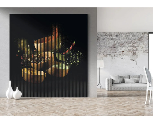 Tableau mural décoratif avec motifs d''épices dans un salon lumineux.