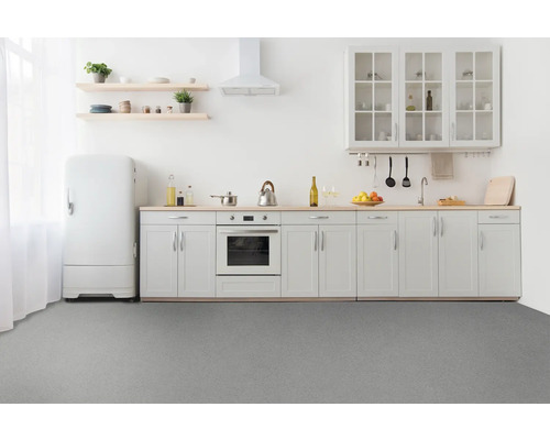 Cuisine claire avec cuisine intégrée, appareils de cuisine et étagères