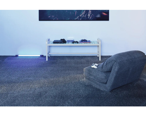 Wohnzimmer mit Teppichboden, Sitzsack und Regal mit Spielkonsole