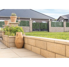 Vue de jardin avec bacs à plantes, mur en blocs de béton et clôture avec écran d''intimité