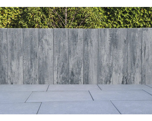 Mur en pierre grise et dalles de sol avec des plantes vertes en arrière-plan.