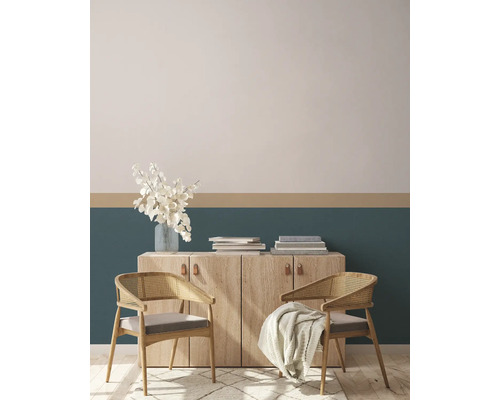 Salon avec commode, fleurs, livres et deux chaises avec coussins