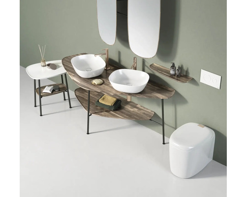Salle de bains avec meuble-lavabo, deux vasques, miroir, WC et table d''appoint