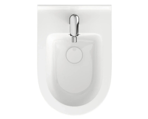 Aufnahme von oben eines weißen Bidet mit Armatur.