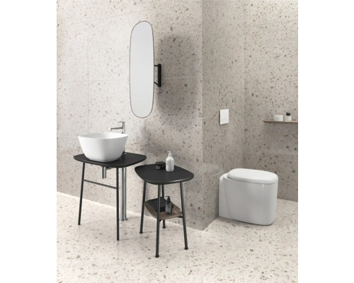 Salle de bains avec lavabo, miroir et toilettes devant un mur et un sol mouchetés