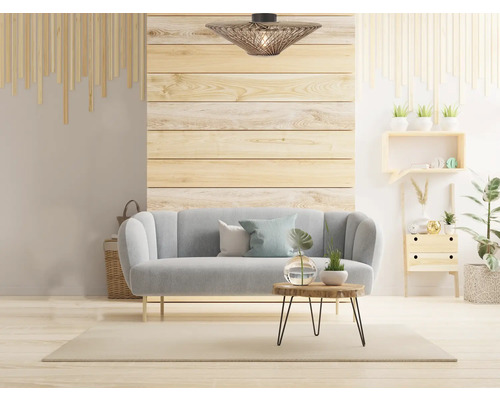 Salon avec canapé, table, lampe et décor en bois