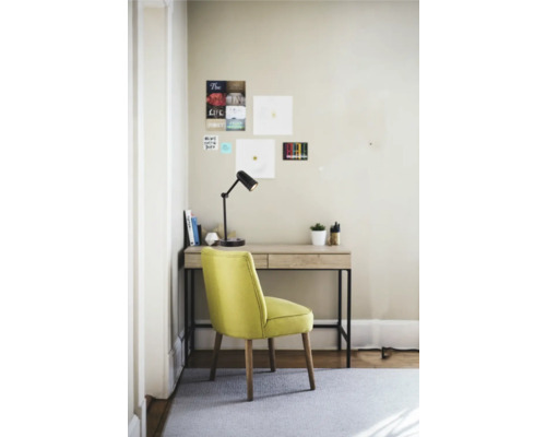 Bureau avec un bureau, une lampe de bureau et une chaise de bureau.