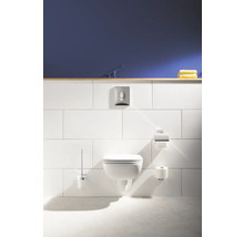 Salle de bains moderne avec WC suspendu, réservoir, porte-papier toilette et brosse.