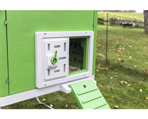 Vue détaillée d''un poulailler avec porte ouverte et rampe