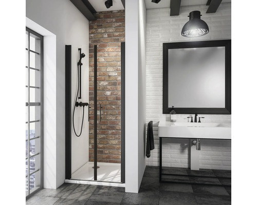 Porte de douche dans niche avec porte battante SCHULTE Alexa Style 2.0 80 cm couleur du profilé noir décor de vitre verre transparent avec verre antitache poignée barre