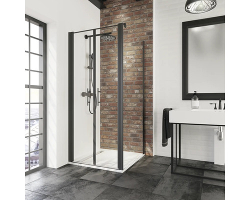 Porte de douche avec paroi latérale SCHULTE Alexa Style 2.0 90 x 90 cm couleur du profilé noir décor de vitre verre transparent avec verre antitache poignée barre Salle de bains avec douche, lavabo et miroir