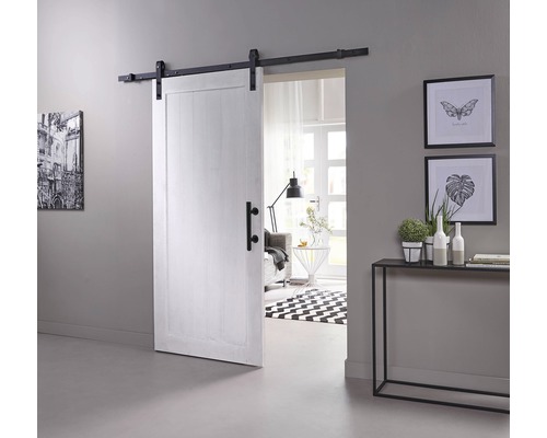 Ensemble complet de porte coulissante Intersteel Pure Barn Door Basic noir 93x211,5 cm avec vantail de porte blanc, ferrure de porte coulissante Basic et ensemble de poignée