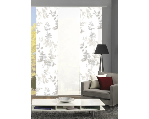 Salon avec rideaux coulissants à motif de feuilles