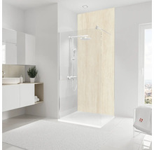 Salle de bain moderne avec douche, lavabo et meubles blancs pour une ambiance lumineuse.