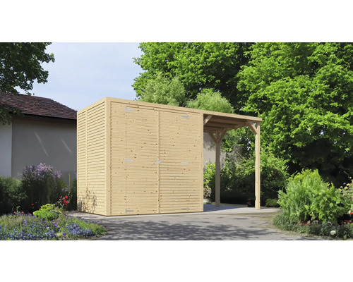 Abri de jardin en bois avec auvent intégré en extérieur