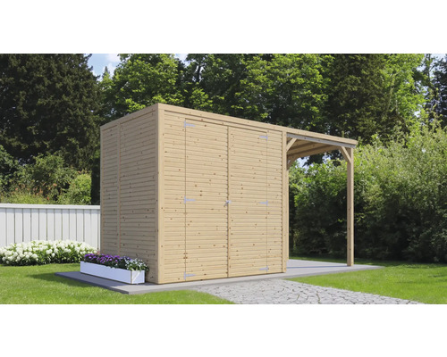 Abri de jardin en bois avec double porte et auvent dans le jardin