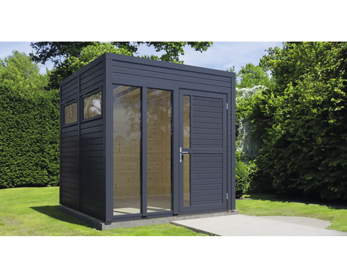 Abri de jardin moderne avec fenêtres et porte dans le jardin.