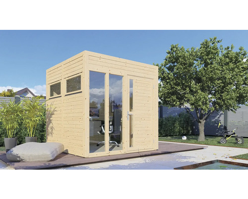 Abri de jardin moderne en bois avec fenêtres et porte sur une terrasse