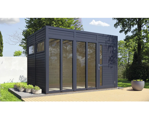 Abri de jardin Bertilo Cubo 3 Office avec plancher 336 x 240 cm anthracite Abri de jardin avec fenêtre, porte et bac à plantes sur une terrasse