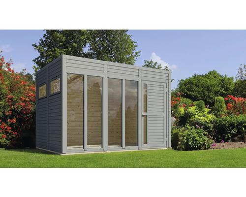 Abri de jardin Bertilo Cubo 3 Office avec plancher 336 x 240 cm gris clair Abri de jardin avec façade en verre et porte latérale dans un écrin de verdure