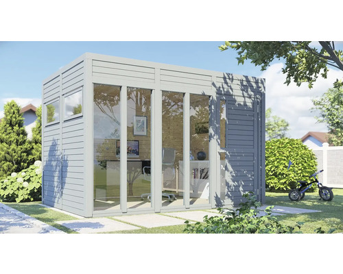 Abri de jardin moderne avec façade en verre et mobilier de bureau dans le jardin.