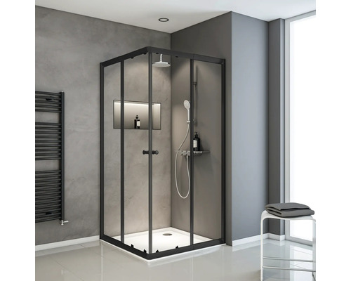 Douche accès d'angle SCHULTE ExpressPlus Sunny 75 - 90 cm couleur du profilé noir verre transparent Douche accès d'angle SCHULTE ExpressPlus Sunny 75 - 90 cm couleur du profilé noir verre transparent