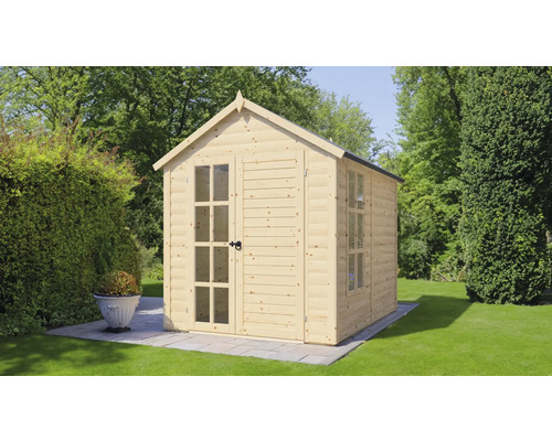 Gartenhaus aus Holz mit Fenstern und Doppeltür