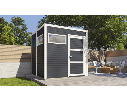 Abri de jardin moderne avec fenêtre et porte sur une terrasse