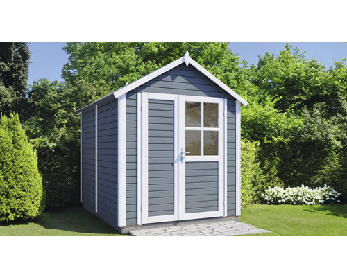 Abri de jardin en bois gris avec double porte et fenêtre dans le jardin