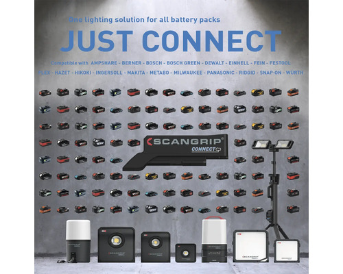 Système ScanGrip Connect avec diverses compatibilités de batterie et solutions d''éclairage.