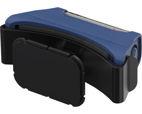 Blaue Stirnlampe mit schwarzer Halterung