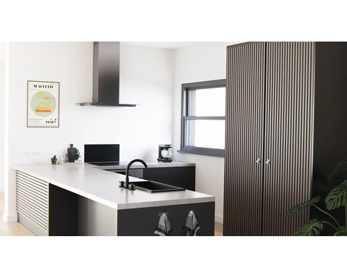 Cuisine claire avec îlot de cuisine, hotte aspirante et armoire haute avec façade à lamelles.