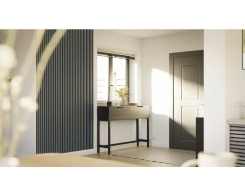 Hall d''entrée lumineux avec console, décoration et panneaux muraux pour une ambiance moderne