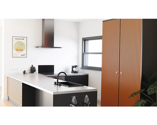 Cuisine claire avec îlot de cuisine, hotte aspirante et armoire avec façades à lamelles en bois