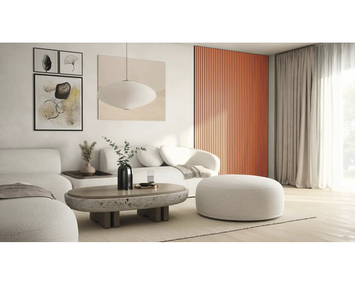 Salon avec canapé, fauteuil, table basse et panneaux muraux