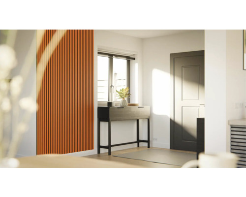 Pièce lumineuse avec panneaux acoustiques, console et porte.