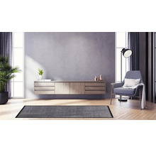 Modernes Wohnzimmer mit Teppich, Sessel und Holzschrank