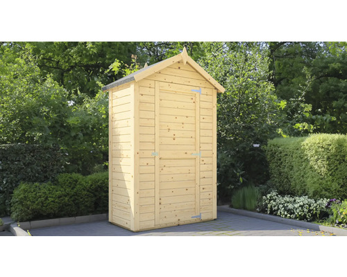 Armoire de jardin en bois avec toit à deux pentes devant des plantes