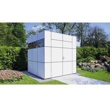 Cube de jardin moderne avec fenêtres et porte dans le jardin