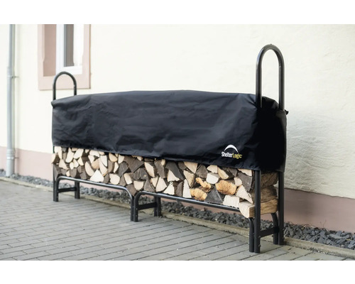 Étagère de rangement pour bois de chauffage avec bois de chauffage et couvercle. Logo ShelterLogic