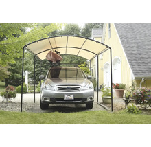 Voiture sous un abri de voiture avec toit et kayak sur le toit