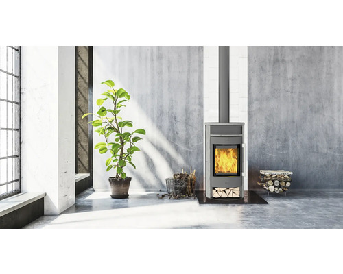 Poêle à bois avec bois et plante dans une pièce moderne