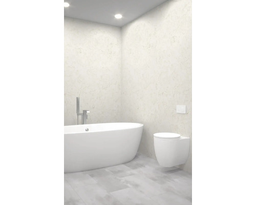 Salle de bains moderne avec baignoire îlot et WC suspendu.