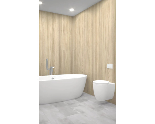 Salle de bains moderne avec baignoire îlot et WC suspendu devant un mur en bois