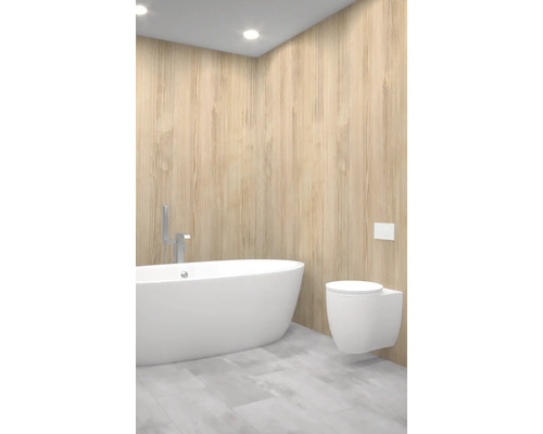 Salle de bains avec baignoire îlot et WC suspendu devant un mur en bois