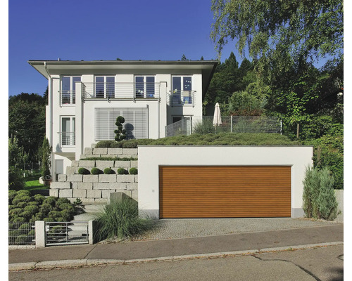 Porte de garage portail roulant ARON 2750x2125 mm golden oak avec motorisation de porte de garage à droite