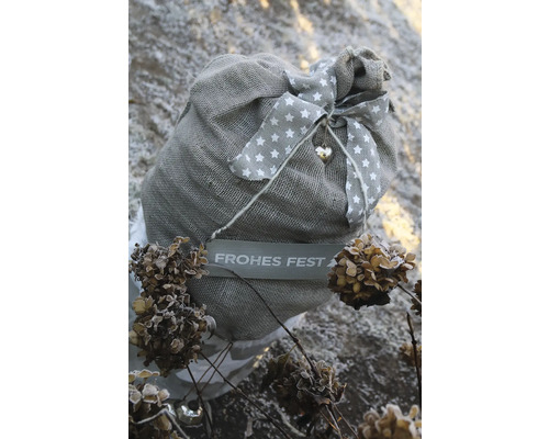 Sac cadeau en jute avec ruban et pendentif Joyeuses Fêtes