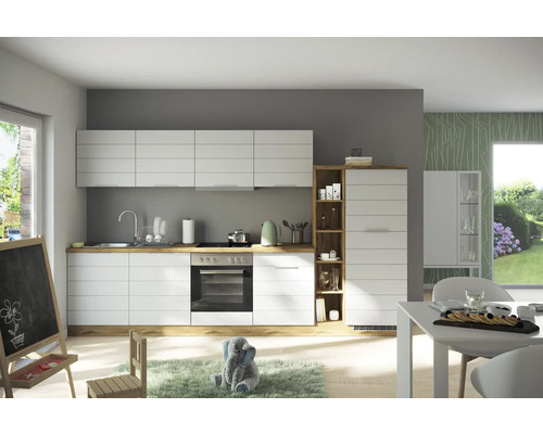 Küchenzeile mit Geräten Held Möbel Florenz 330 cm Frontfarbe weiss Korpusfarbe eiche hell 1109.6291