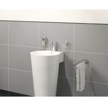 Salle de bains avec lavabo îlot, robinet, distributeur de savon, gobelet et porte-serviettes